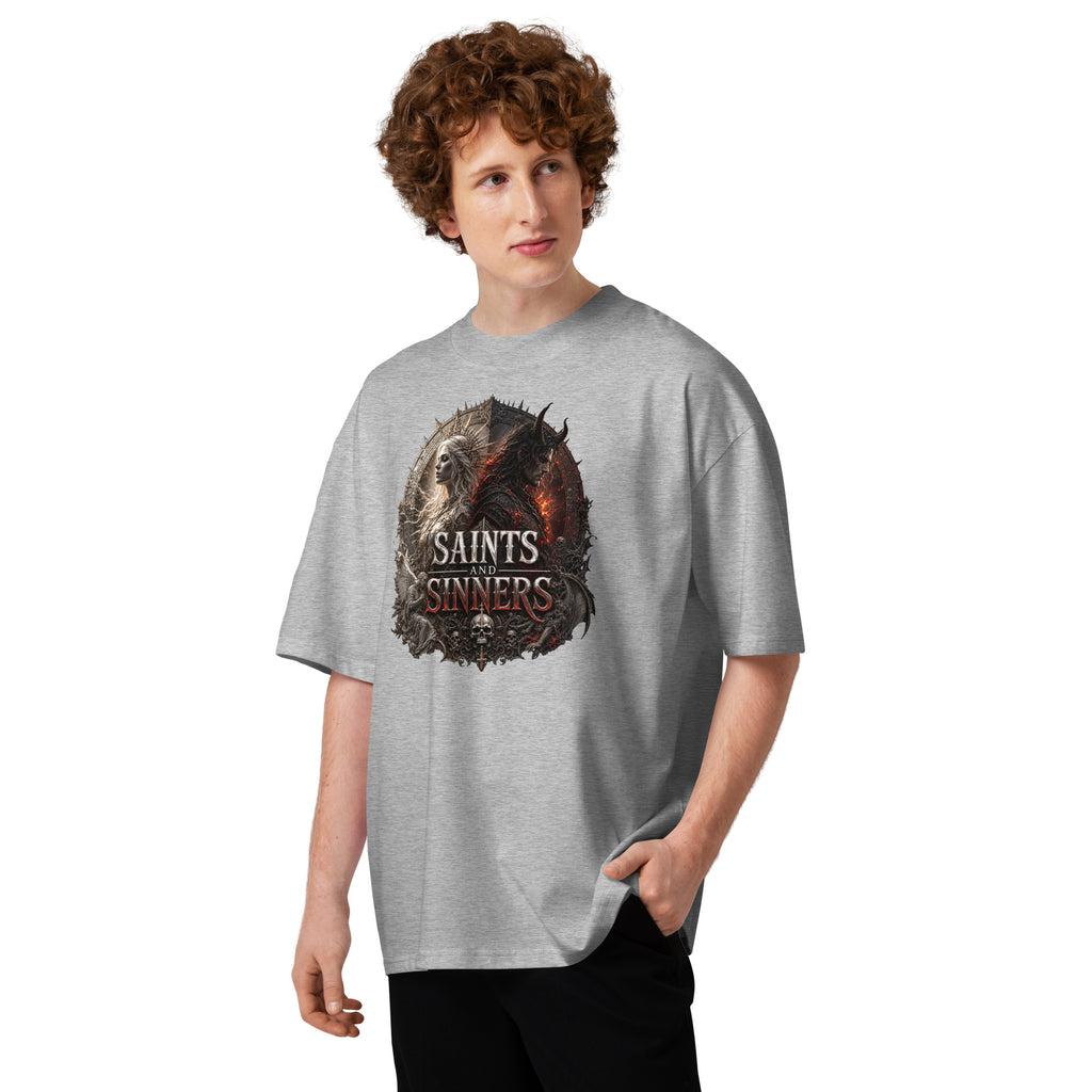 Saints and Sinners — Angel and Demon Unisex organic oversized high neck t-shirt — Heather Grey — front