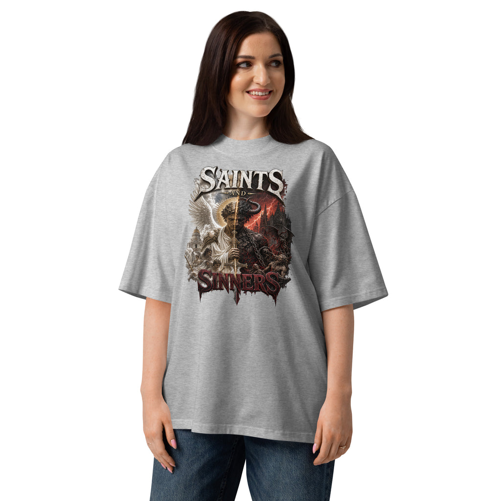 Saints and Sinners Unisex organic oversized high neck t-shirt — Heather Grey — front