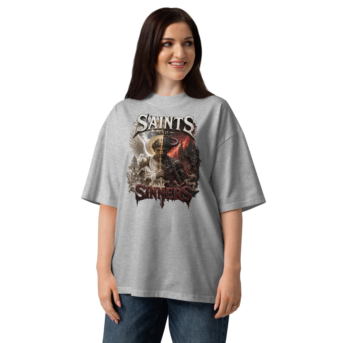 Saints and Sinners Unisex organic oversized high neck t-shirt — Heather Grey — front