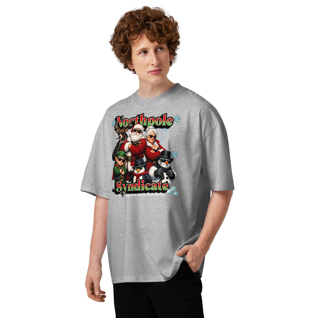 Santa’s Xmas Crew Unisex organic oversized high neck t-shirt — Heather Grey — front