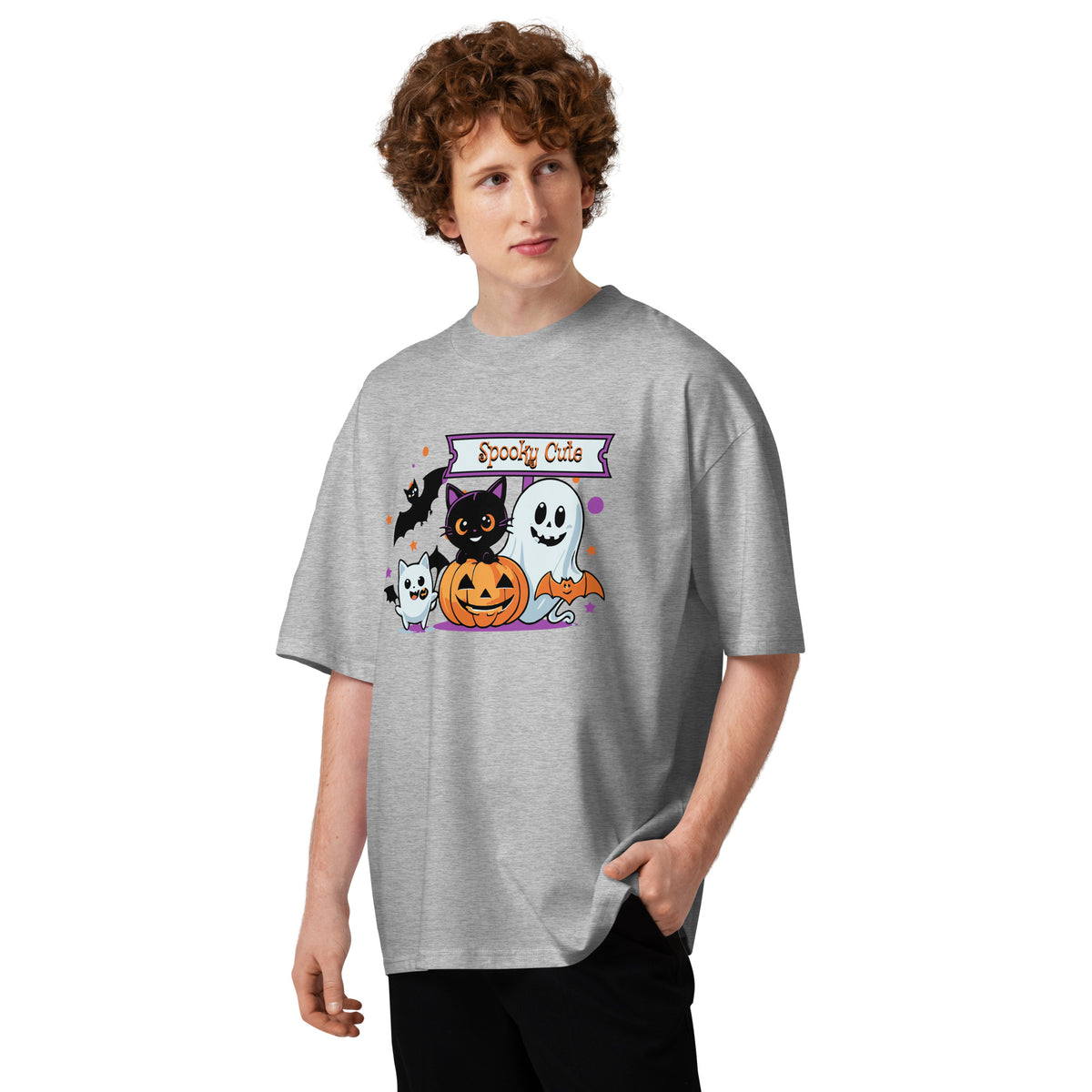 Spooky Cute Halloween Unisex organic oversized high neck t-shirt — Heather Grey — front