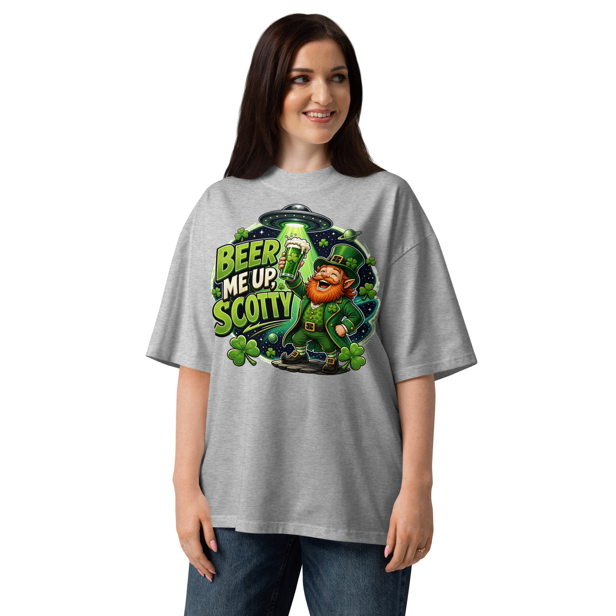 St. Patrick’s Day Cheers Unisex organic oversized high neck t-shirt — Heather Grey — front