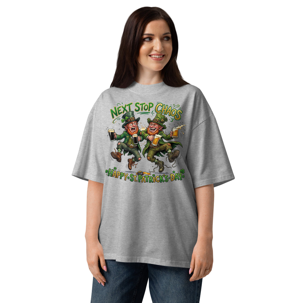St. Patrick’s Day Chaos Unisex organic oversized high neck t-shirt — Heather Grey — front