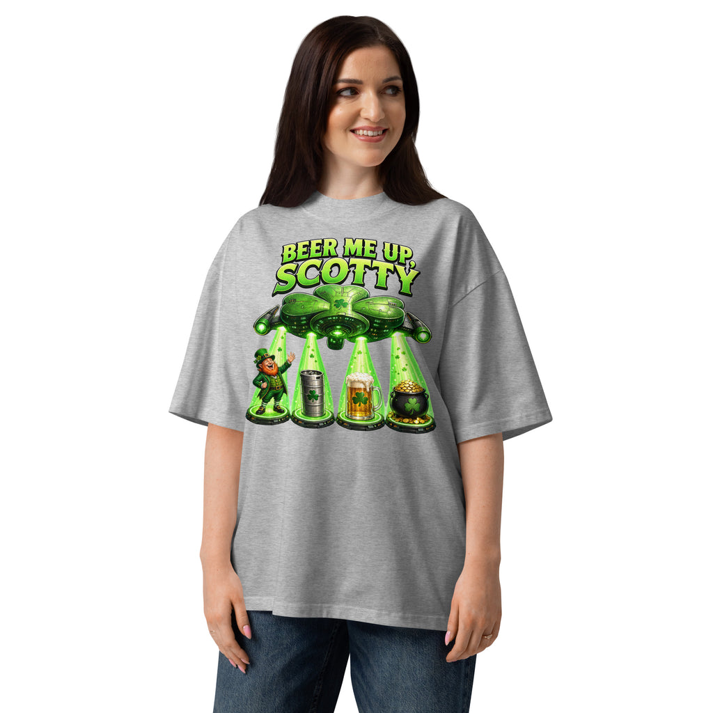 St. Patrick’s Day Spaceship Unisex organic oversized high neck t-shirt — Heather Grey — front