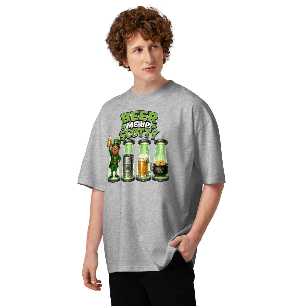 St. Patrick’s Day Transporter Unisex organic oversized high neck t-shirt — Heather Grey — front