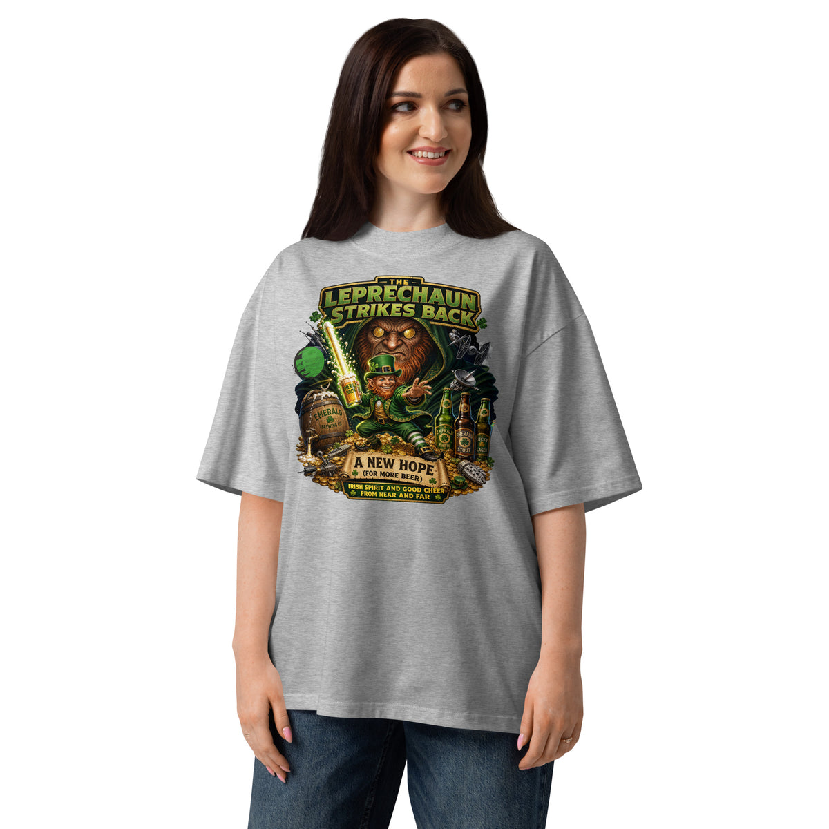 Leprechaun Strikes Back Unisex organic oversized high neck t-shirt — Heather Grey — front