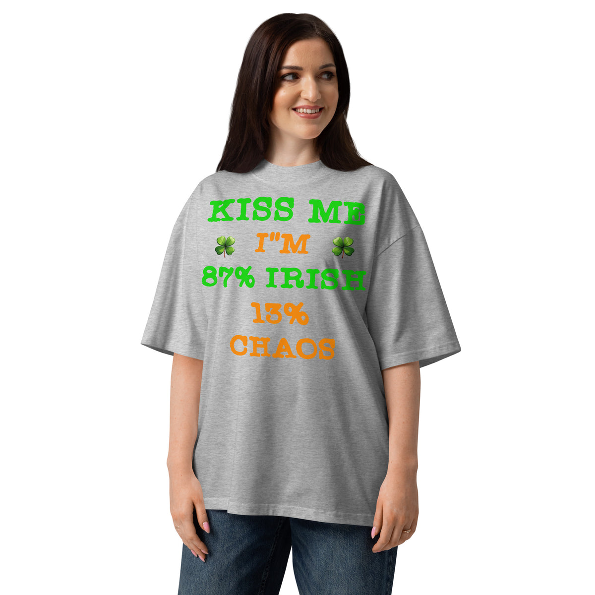 Kiss Me — Irish Chaos Unisex organic oversized high neck t-shirt — Heather Grey — front
