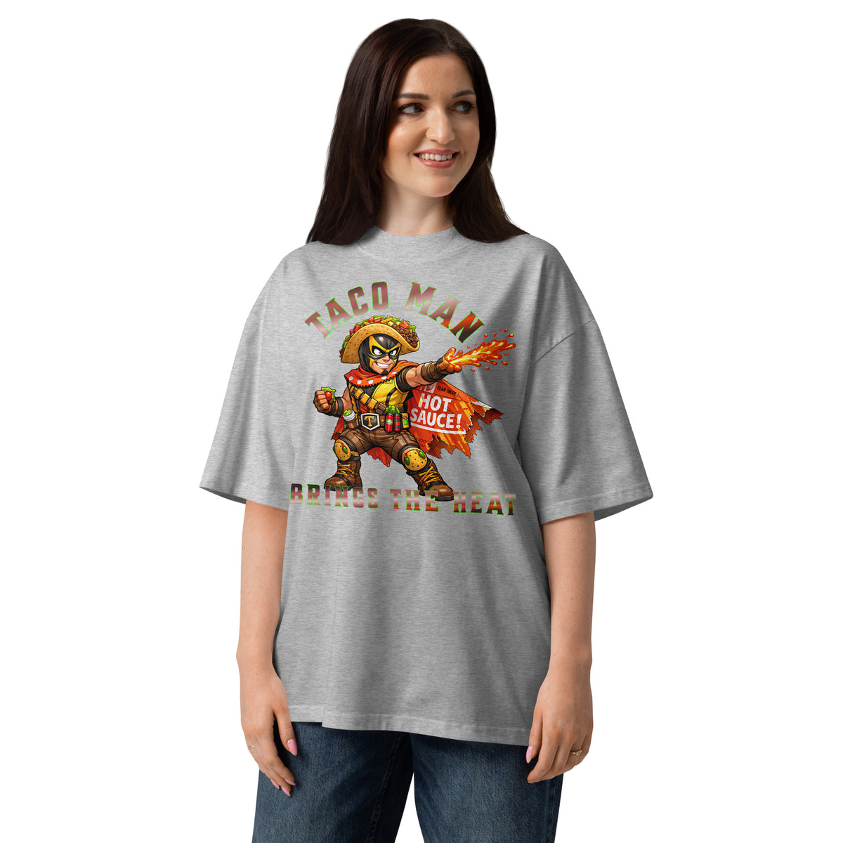 Taco Man Unisex organic oversized high neck t-shirt — Heather Grey — front