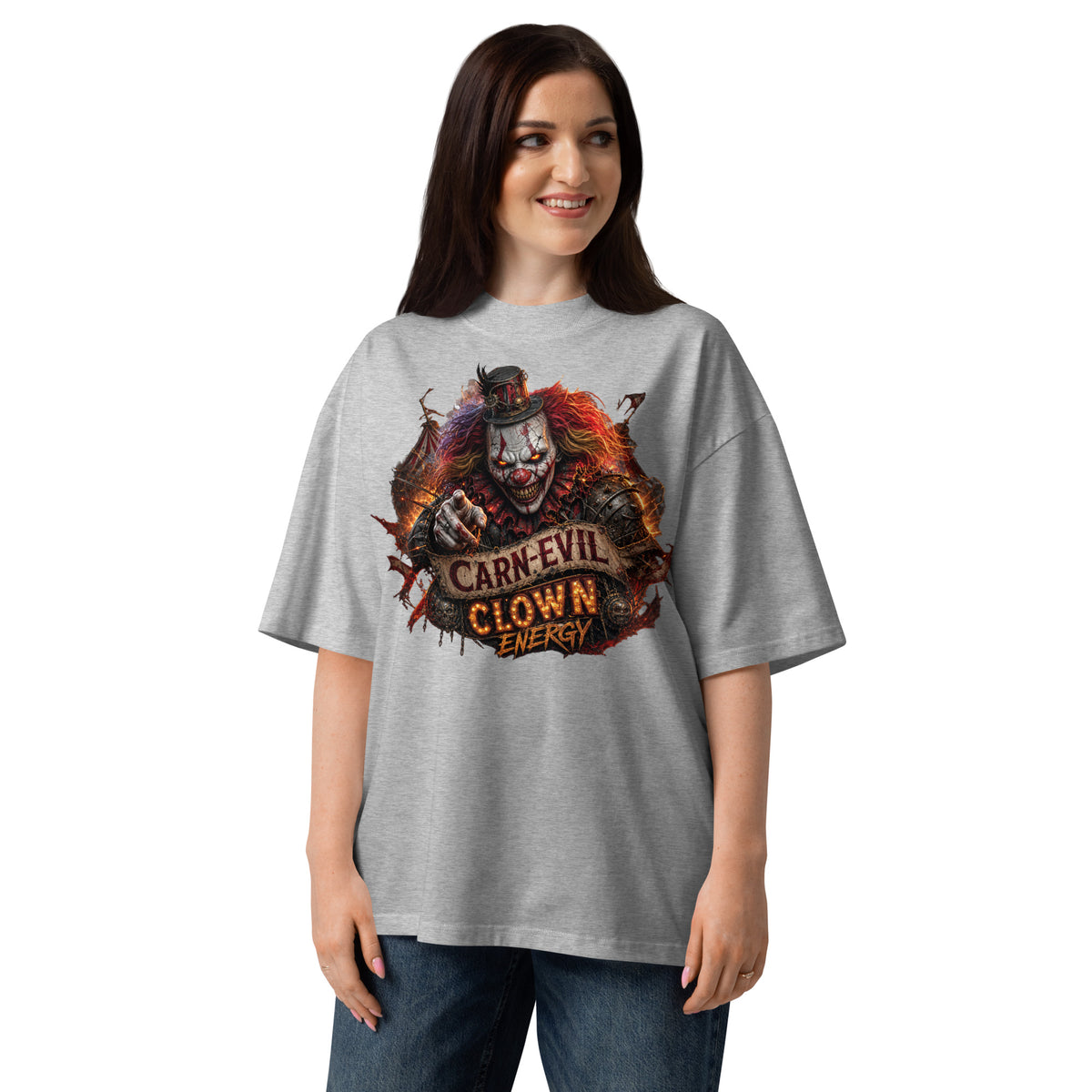Top Hat Evil Clown Unisex organic oversized high neck t-shirt — Heather Grey — front