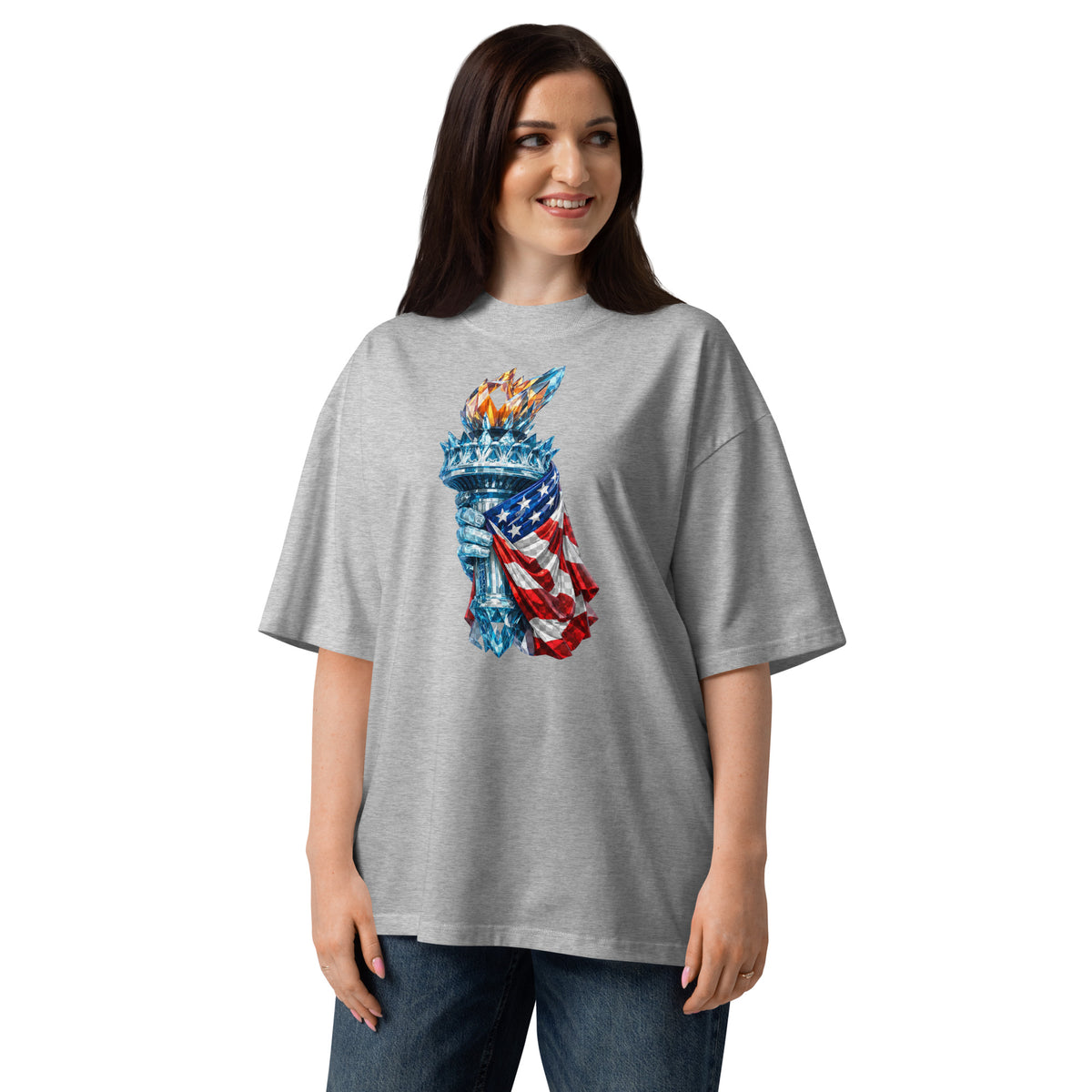 USA Liberty Ice Torch Unisex organic oversized high neck t-shirt — Heather Grey — front