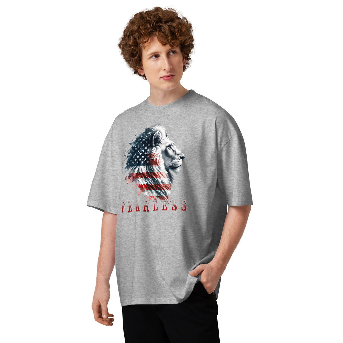 USA Lion Fearless Unisex organic oversized high neck t-shirt — Heather Grey — front
