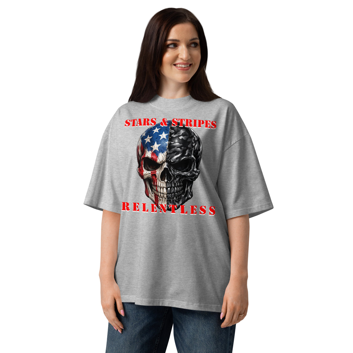 USA Patriotic Camo Skull Unisex organic oversized high neck t-shirt — Heather Grey — front