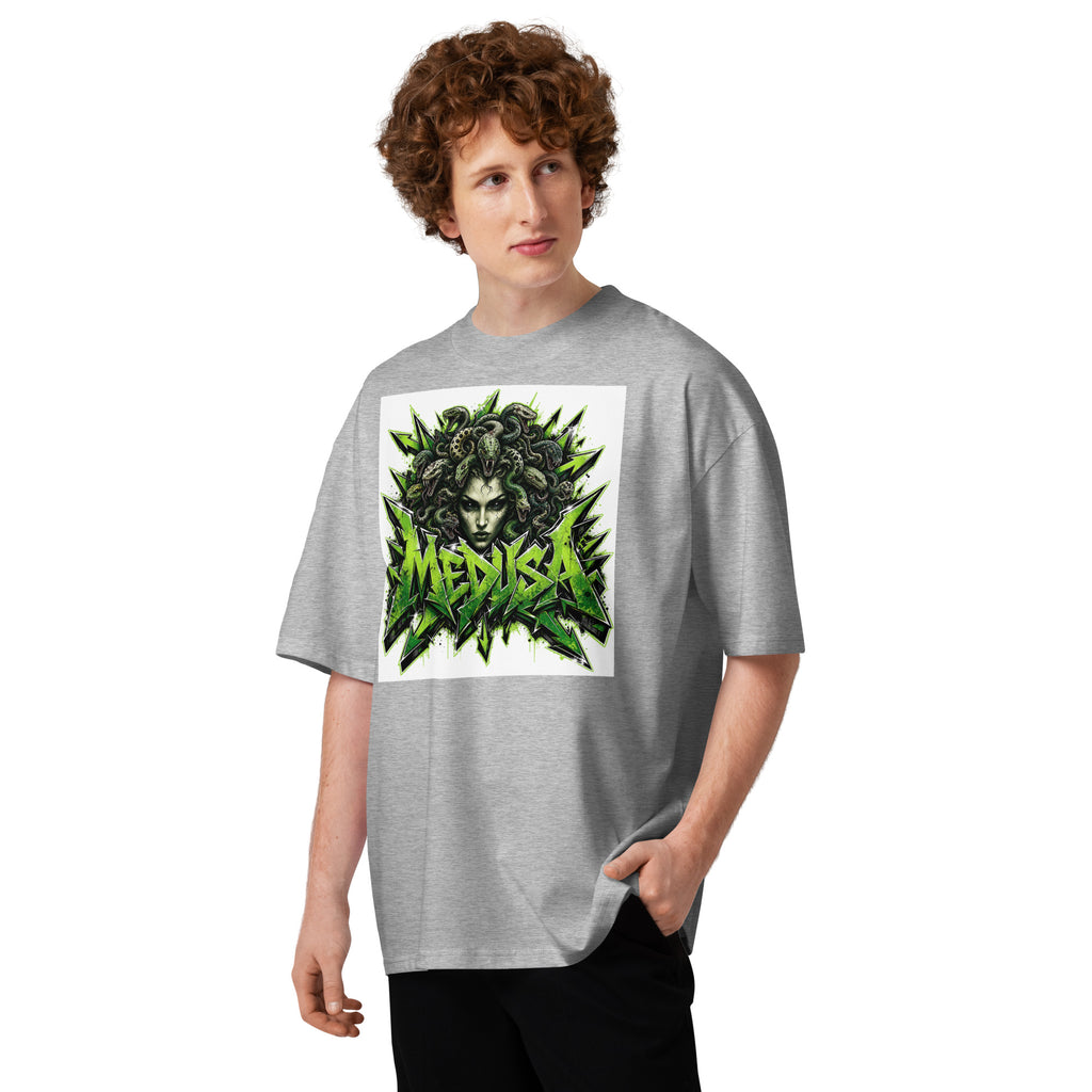 Medusa Graffiti Unisex organic oversized high neck t-shirt — Heather Grey — front