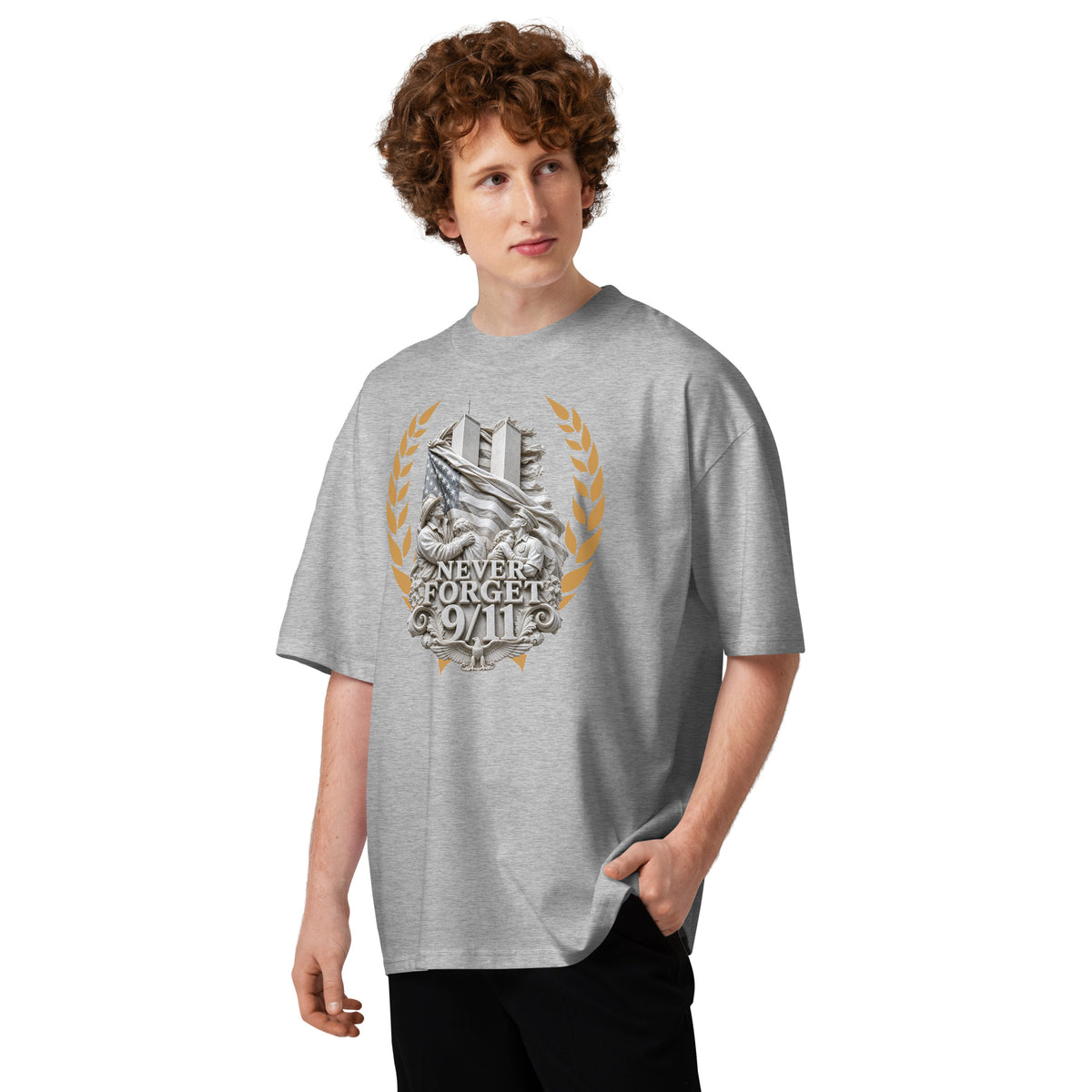 WTC NYC — Never Forget Unisex organic oversized high neck t-shirt — Heather Grey — front