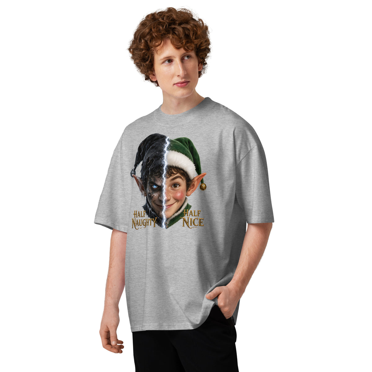 Xmas Elf Twins Unisex organic oversized high neck t-shirt — Heather Grey — front