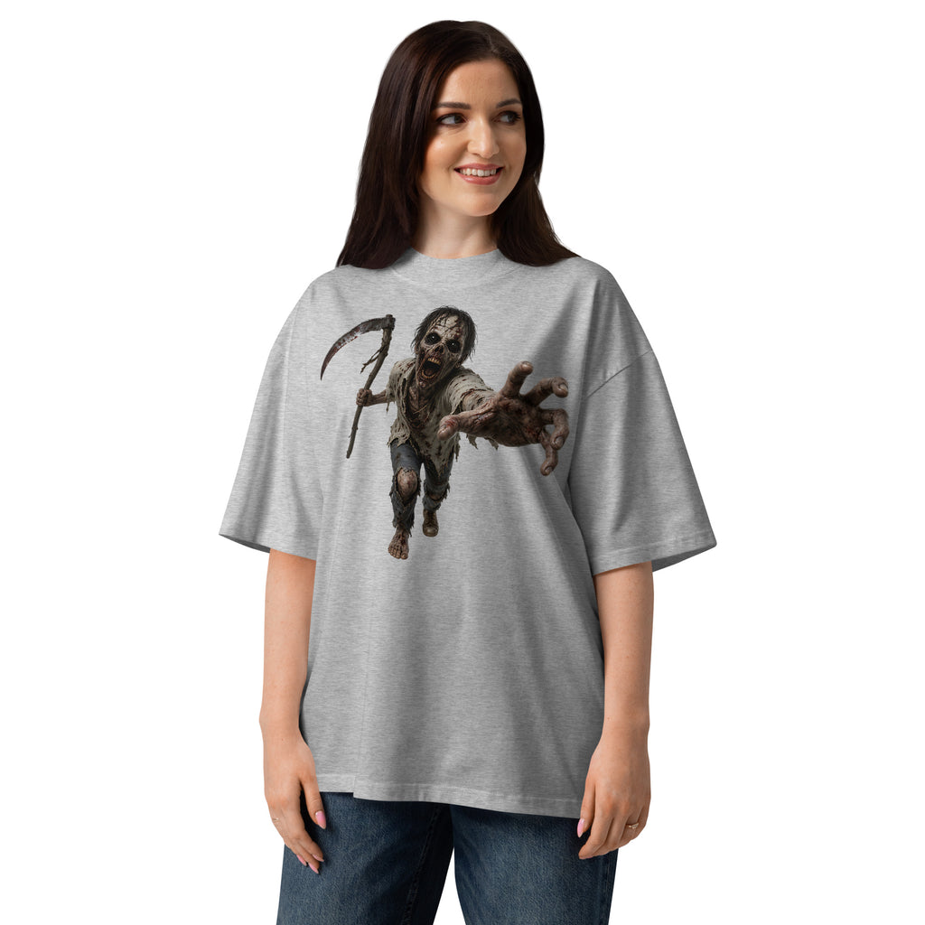 Zombie Run Unisex organic oversized high neck t-shirt — Heather Grey — front