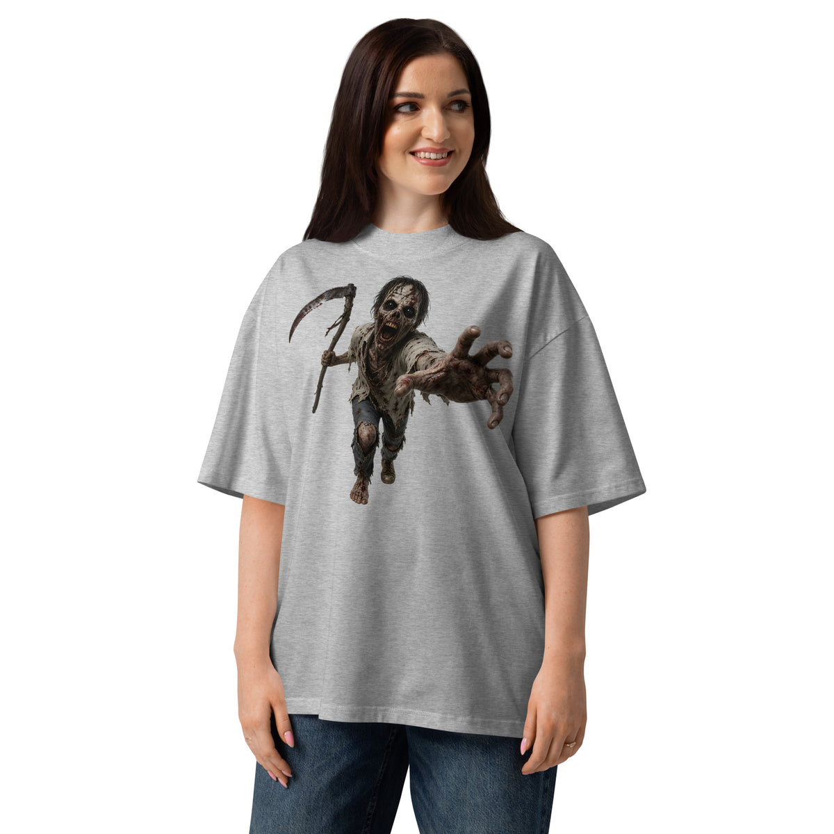 Zombie Run Unisex organic oversized high neck t-shirt — Heather Grey — front