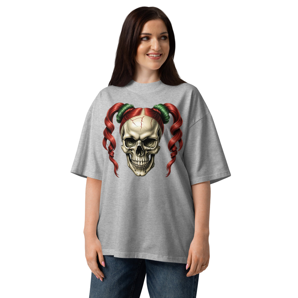 Ponytails Skull Unisex organic oversized high neck t-shirt — Heather Grey — front