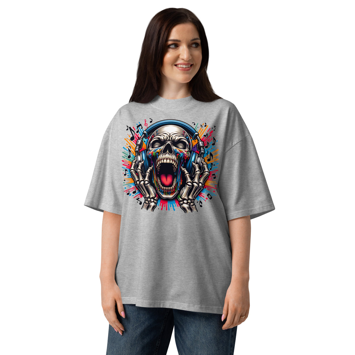 Screaming Skeleton Unisex organic oversized high neck t-shirt — Heather Grey — front