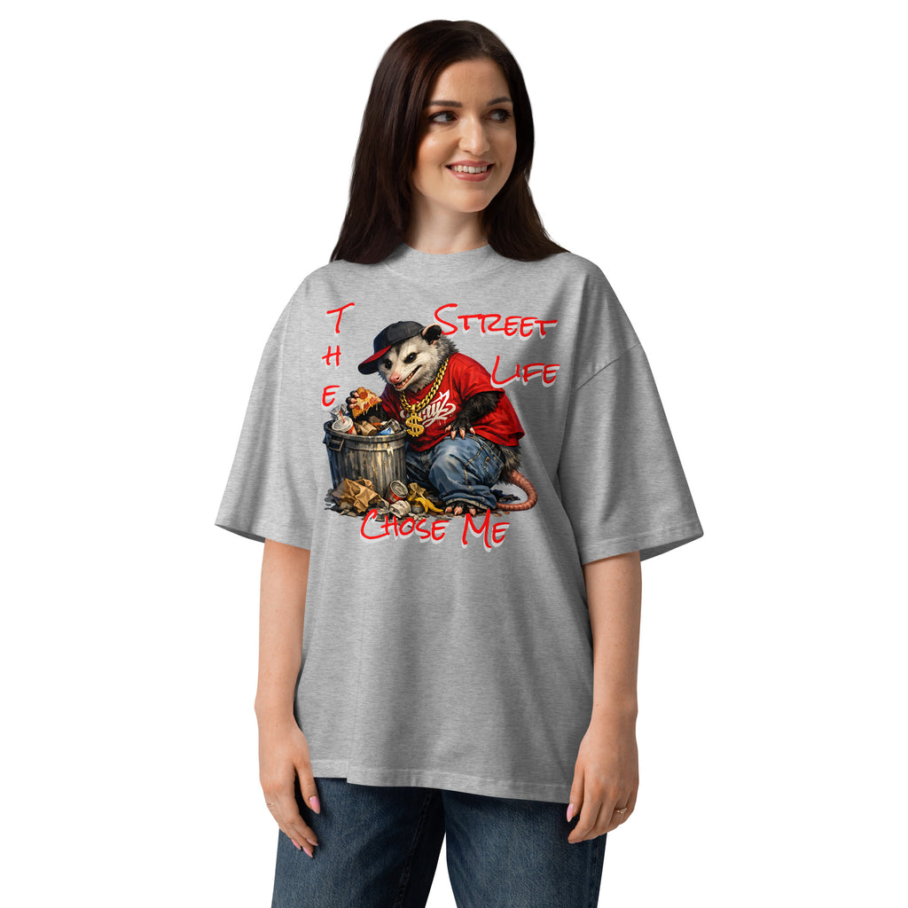 NY Possum Life Unisex organic oversized high neck t-shirt — Heather Grey — Women's model, front