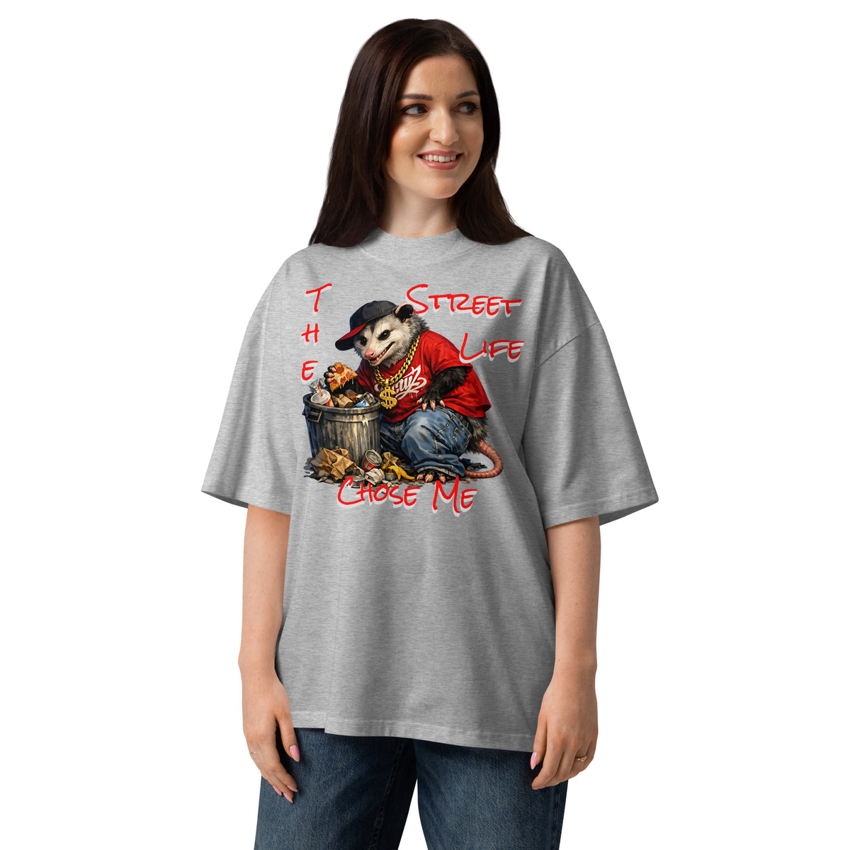 NY Possum Life Unisex organic oversized high neck t-shirt — Heather Grey — Women's model, front