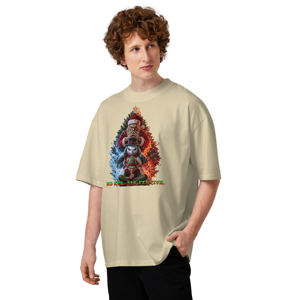 No Evil Xmas Unisex organic oversized high neck t-shirt — Stone — front