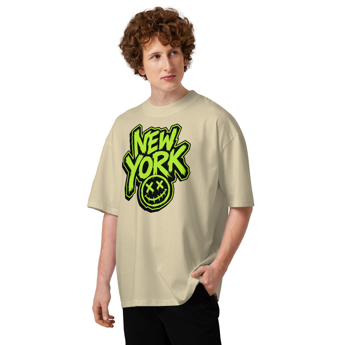 NY Smiles Unisex organic oversized high neck t-shirt — Stone — front