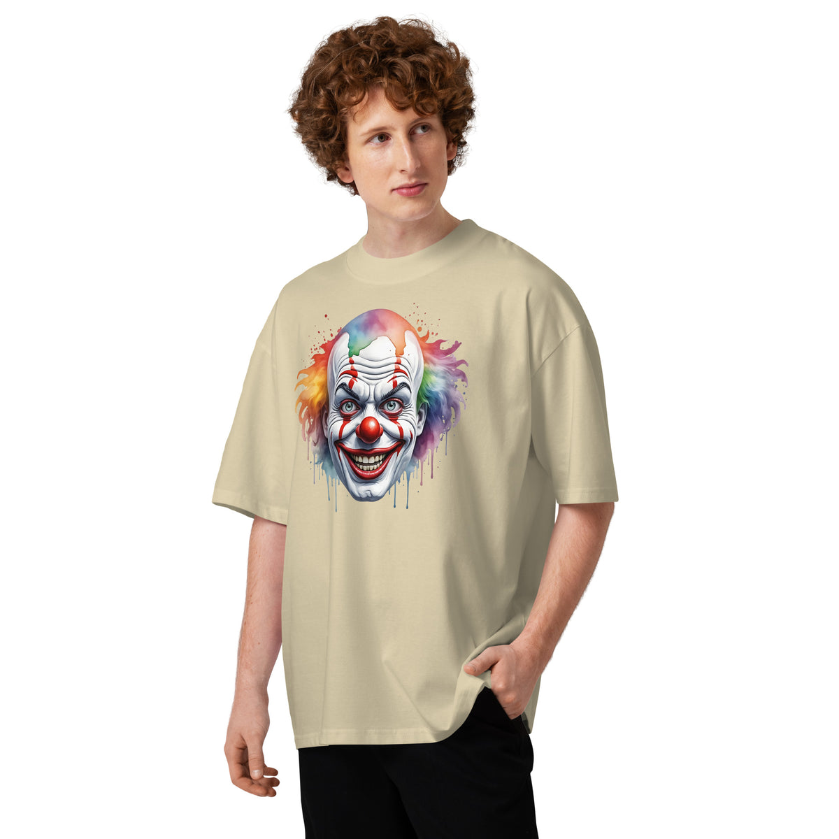 Painted Clown Unisex organic oversized high neck t-shirt — Stone — front