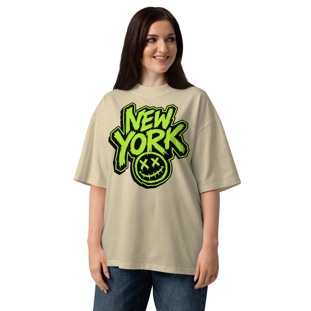 NY Smiles Unisex organic oversized high neck t-shirt — Stone — Women's model, front