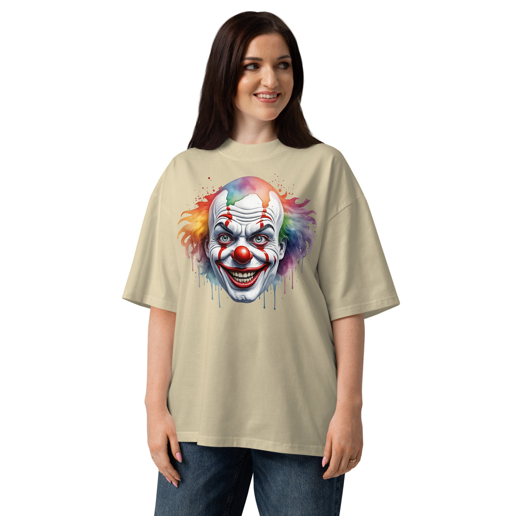 Painted Clown Unisex organic oversized high neck t-shirt — Stone — Women's model, front