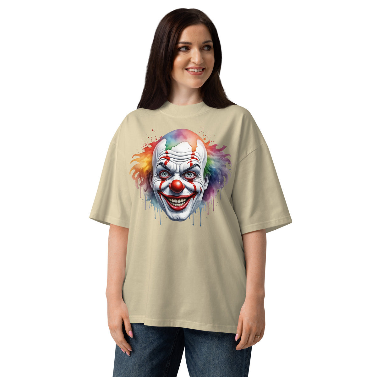 Painted Clown Unisex organic oversized high neck t-shirt — Stone — Women's model, front