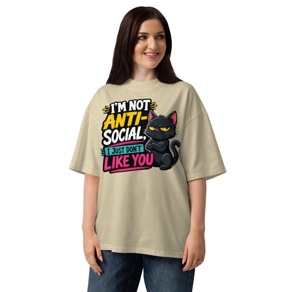 Anti Social Kitty Unisex organic oversized high neck t-shirt — Stone — front