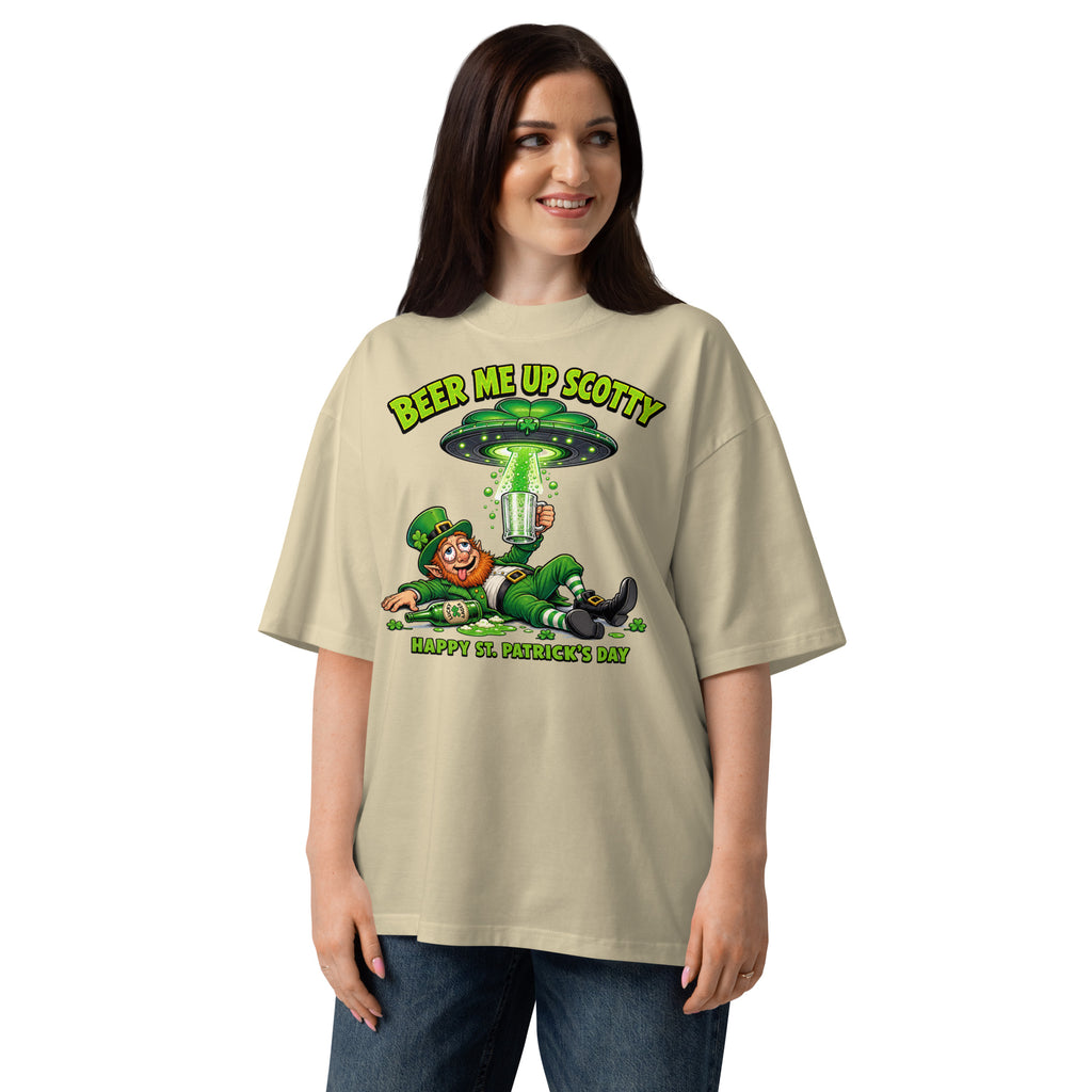 Beer Me Up St Pats Day Unisex organic oversized high neck t-shirt — Stone — front