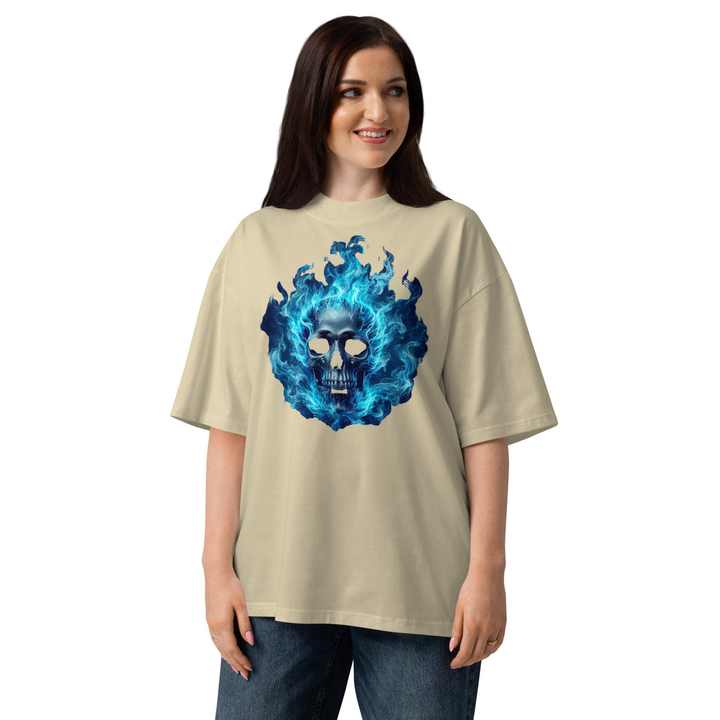 Blue flaming skull Unisex organic oversized high neck t-shirt — Stone — front