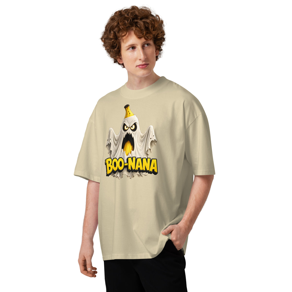 Boo Nana Unisex organic oversized high neck t-shirt — Stone — front