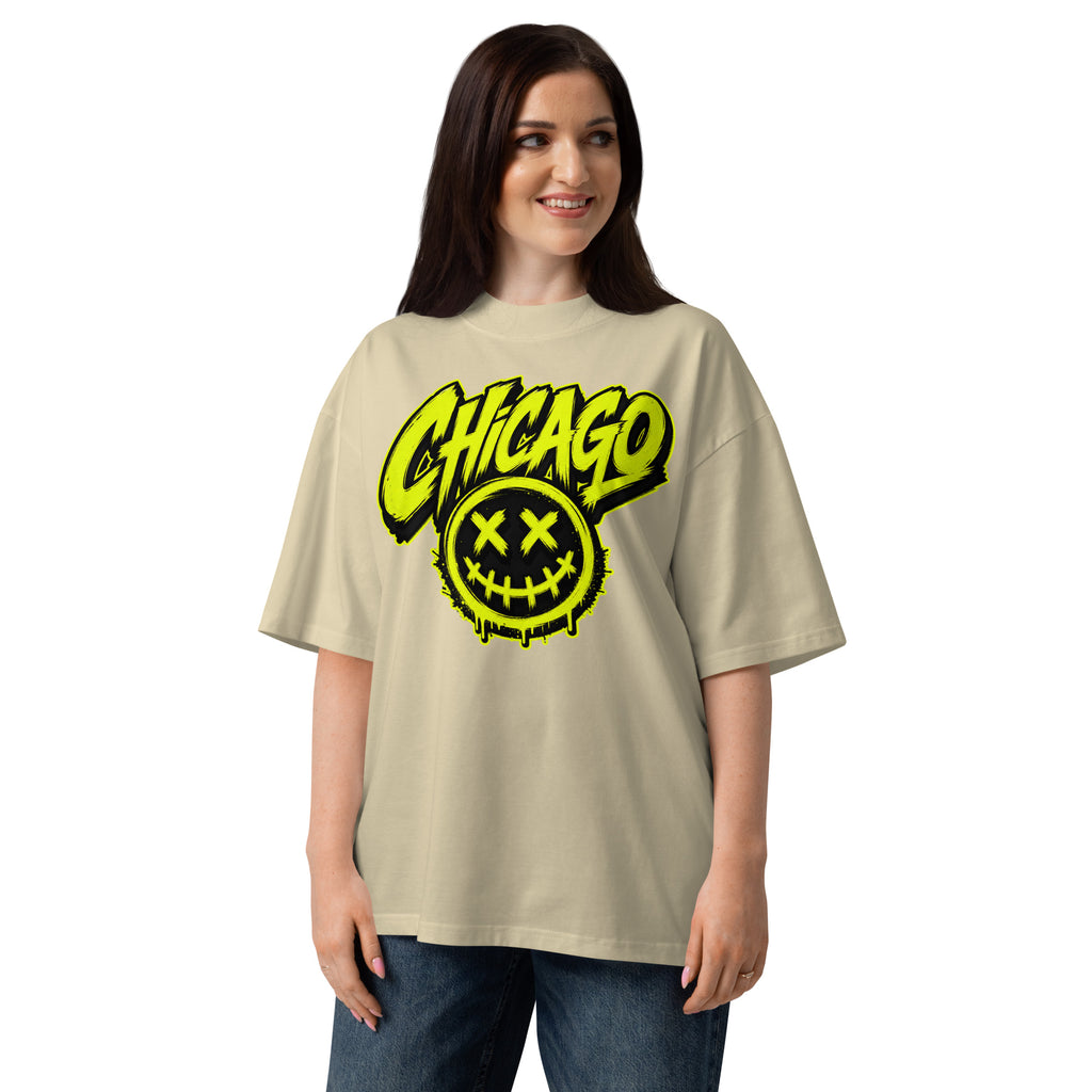 Chicago Smiles Unisex organic oversized high neck t-shirt — Stone — front
