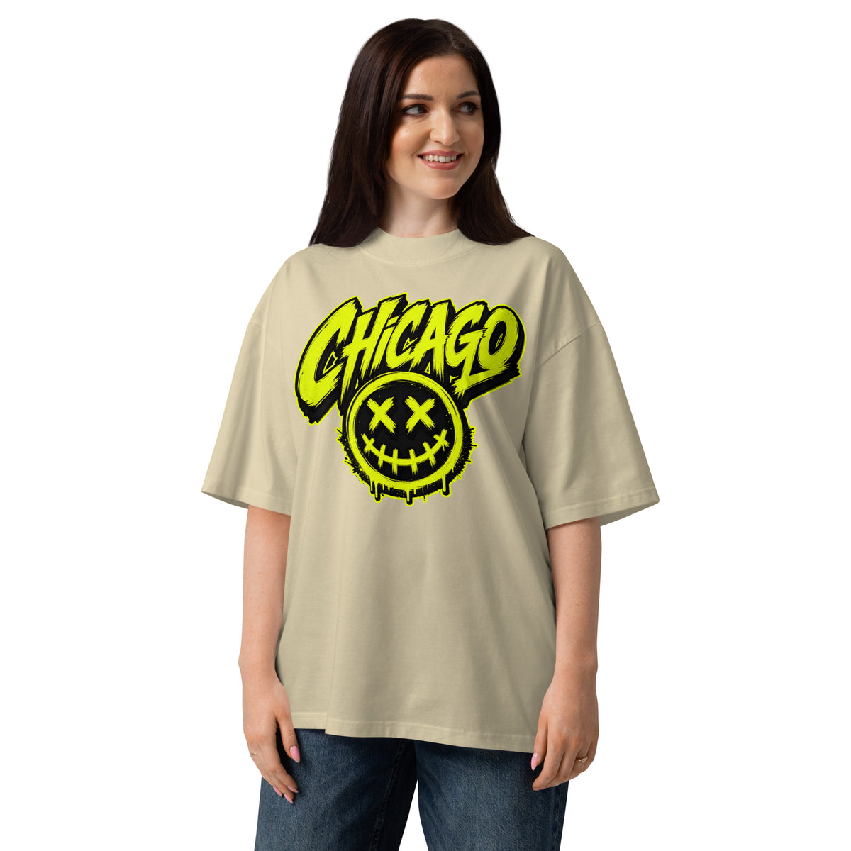 Chicago Smiles Unisex organic oversized high neck t-shirt — Stone — front