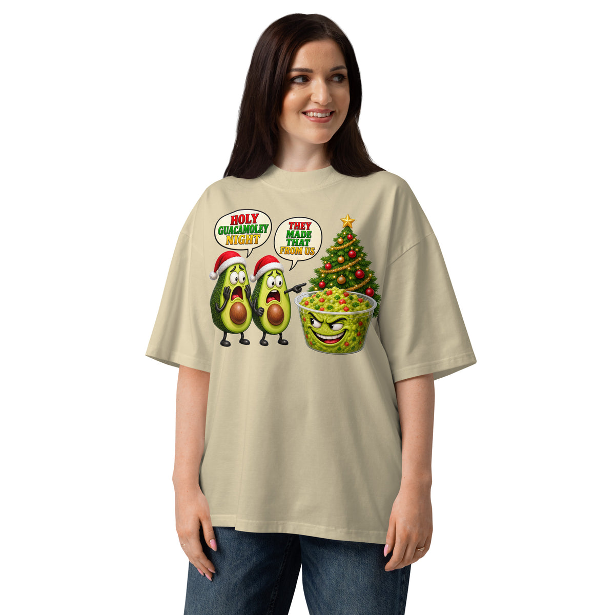 Christmas Guacamole Unisex organic oversized high neck t-shirt — Stone — front