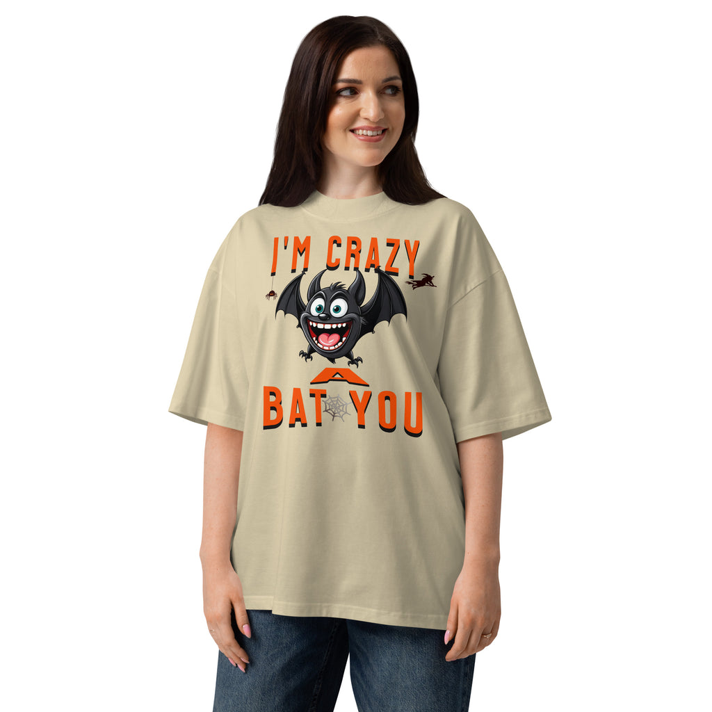 Crazy Bat You Unisex organic oversized high neck t-shirt — Stone — front