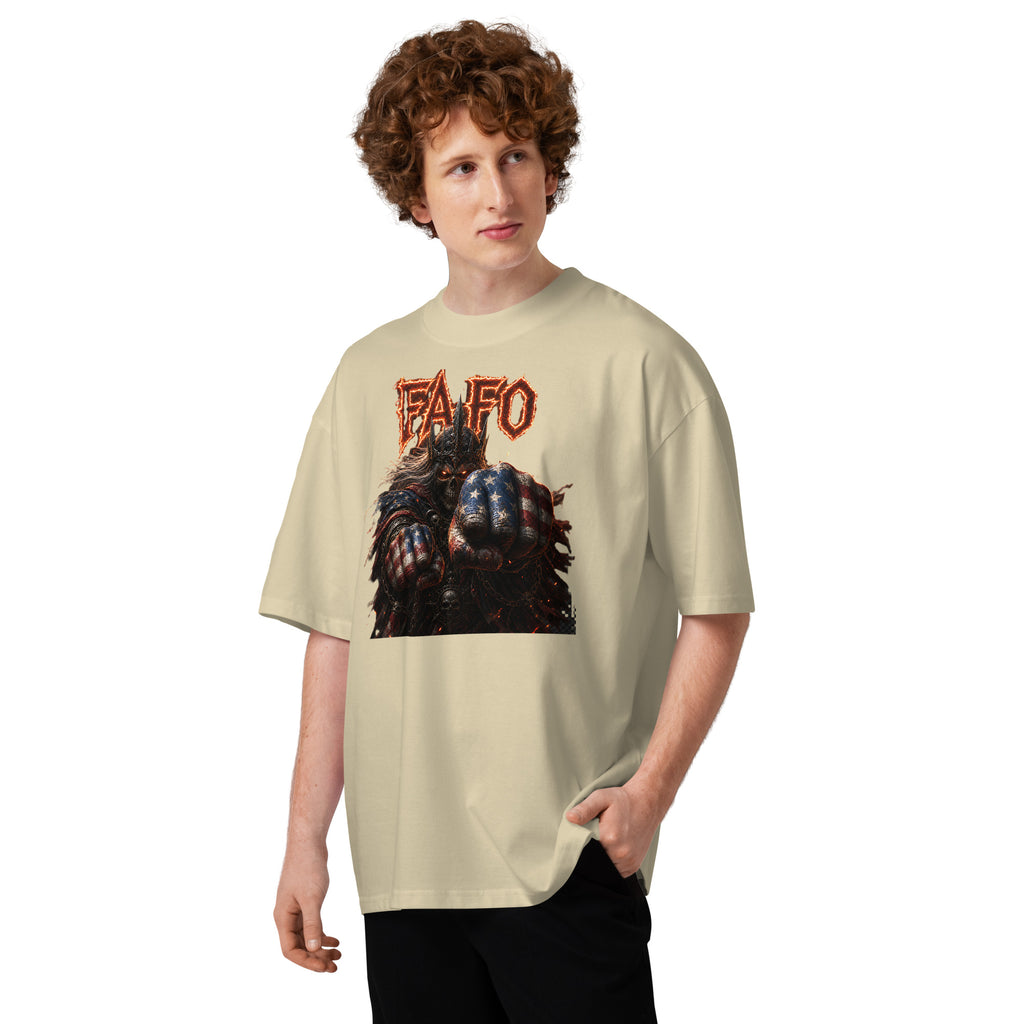Dark FAFO Unisex organic oversized high neck t-shirt — Stone — front