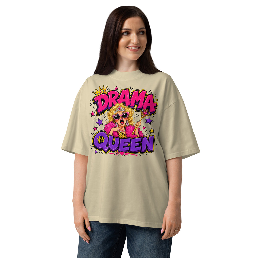 Drama Queen Unisex organic oversized high neck t-shirt — Stone — front