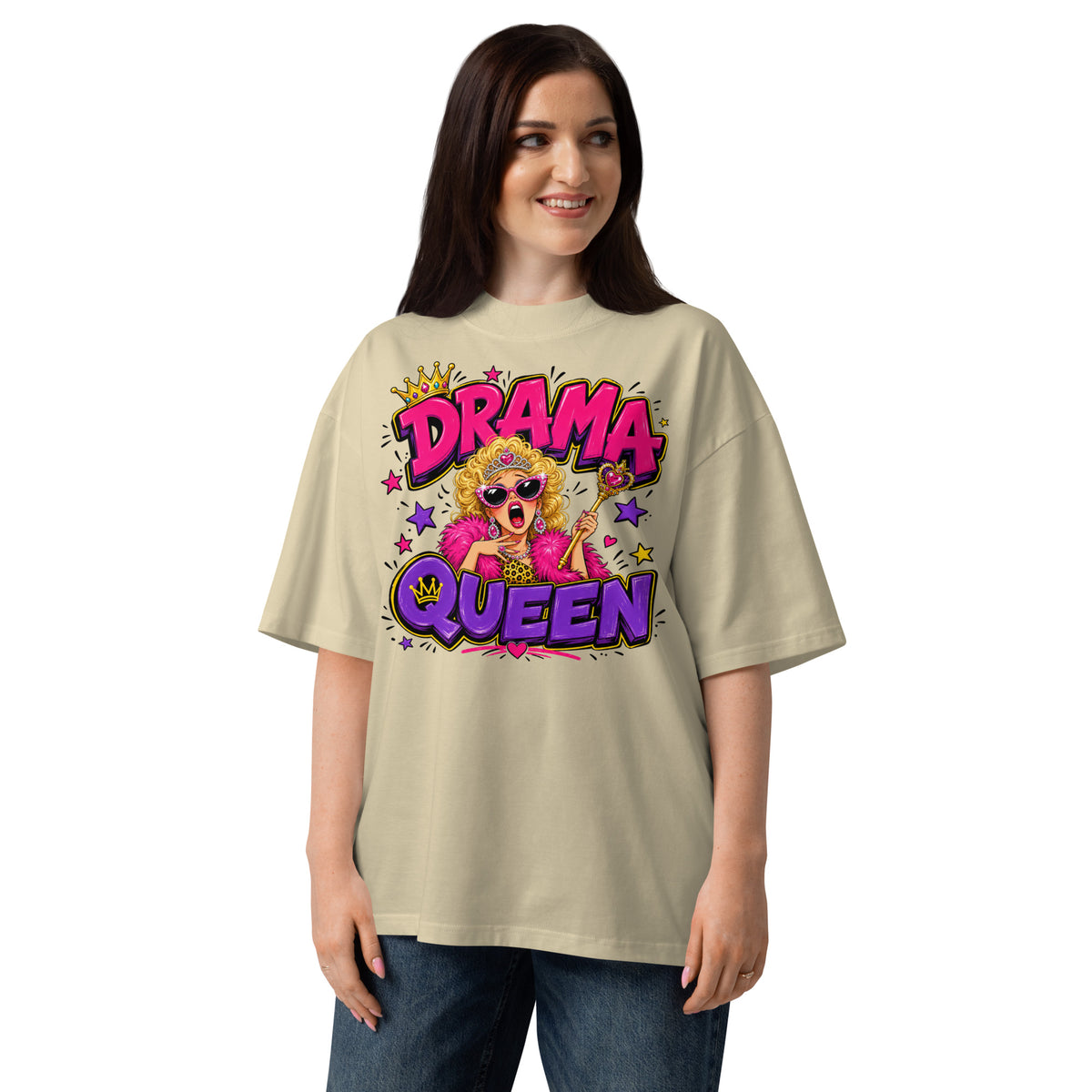 Drama Queen Unisex organic oversized high neck t-shirt — Stone — front