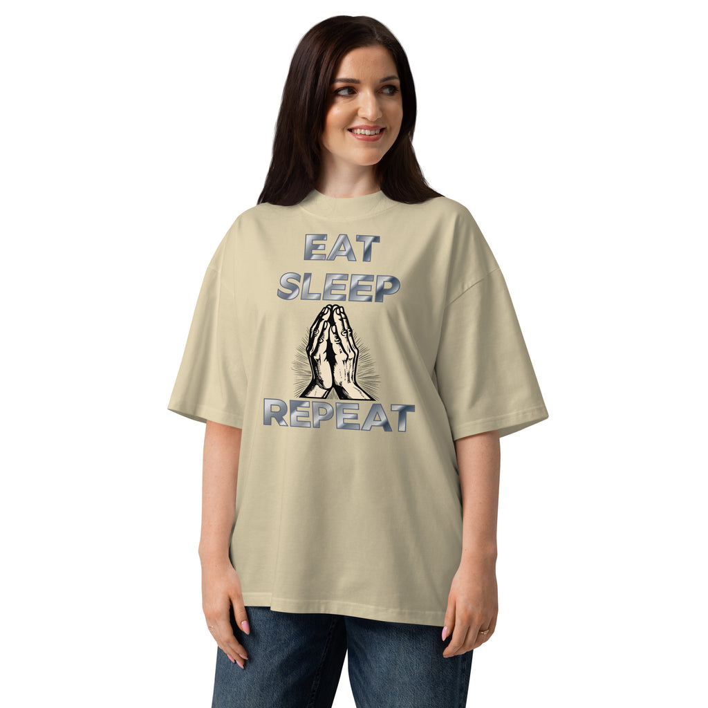 Eat sleep pray Unisex organic oversized high neck t-shirt — Stone — front