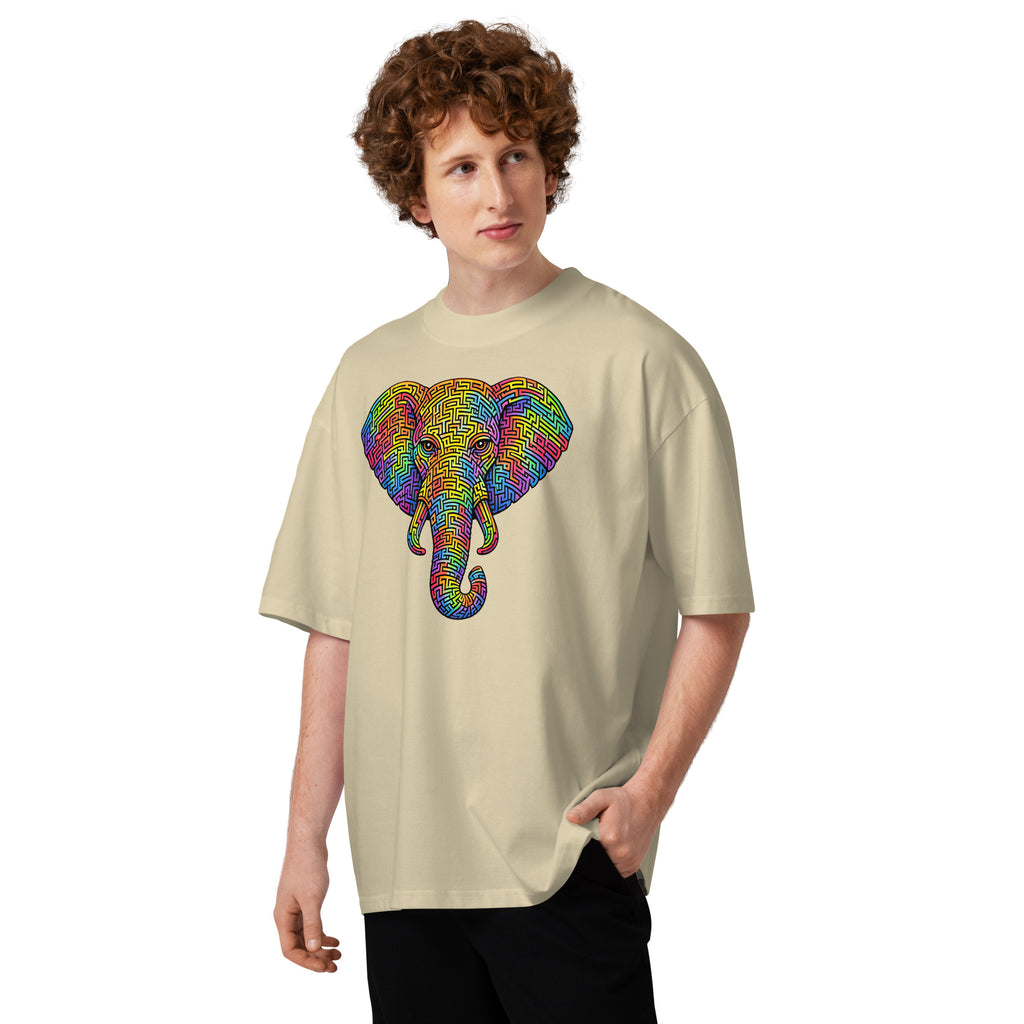 Elephant Face Maze Unisex organic oversized high neck t-shirt — Stone — front