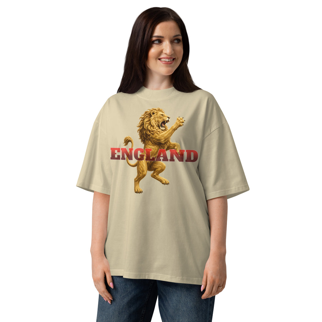 England Lion Unisex organic oversized high neck t-shirt — Stone — front