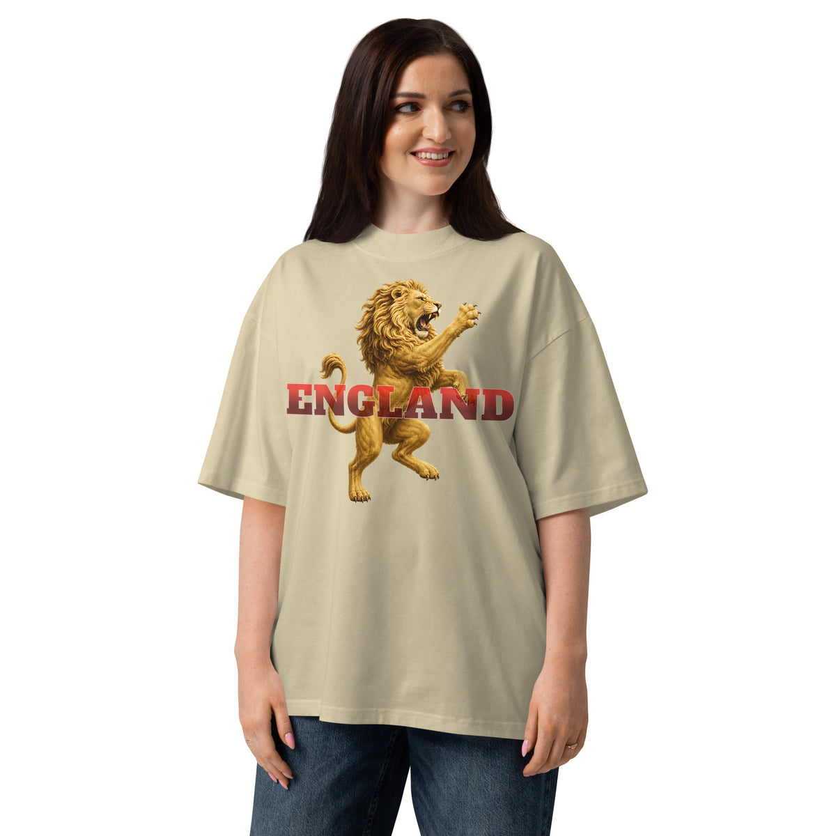 England Lion Unisex organic oversized high neck t-shirt — Stone — front