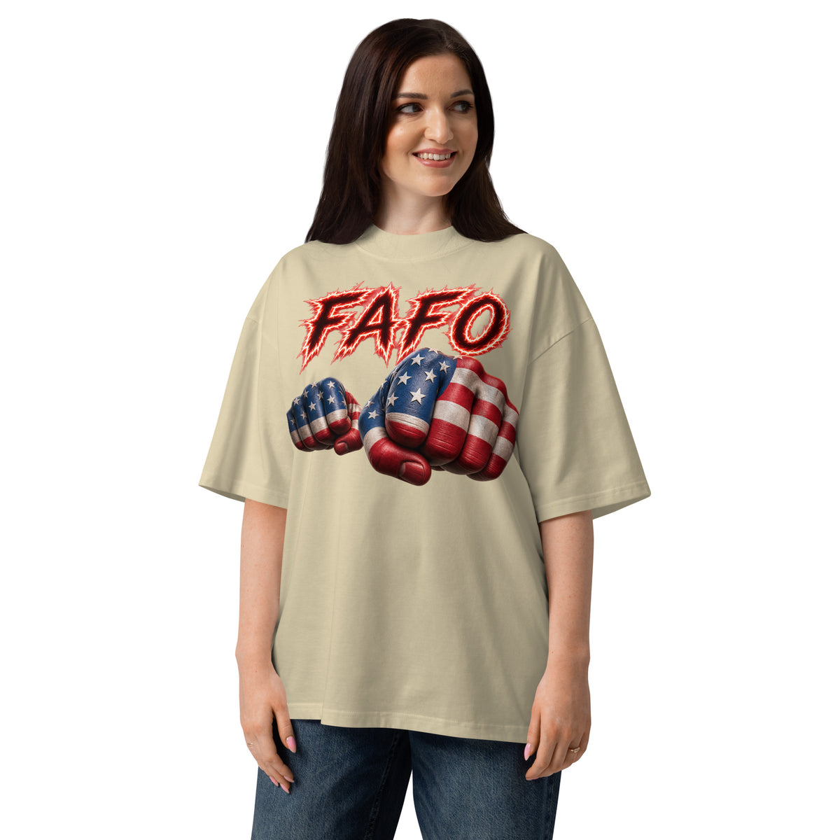 FAFO Fist Unisex organic oversized high neck t-shirt — Stone — front