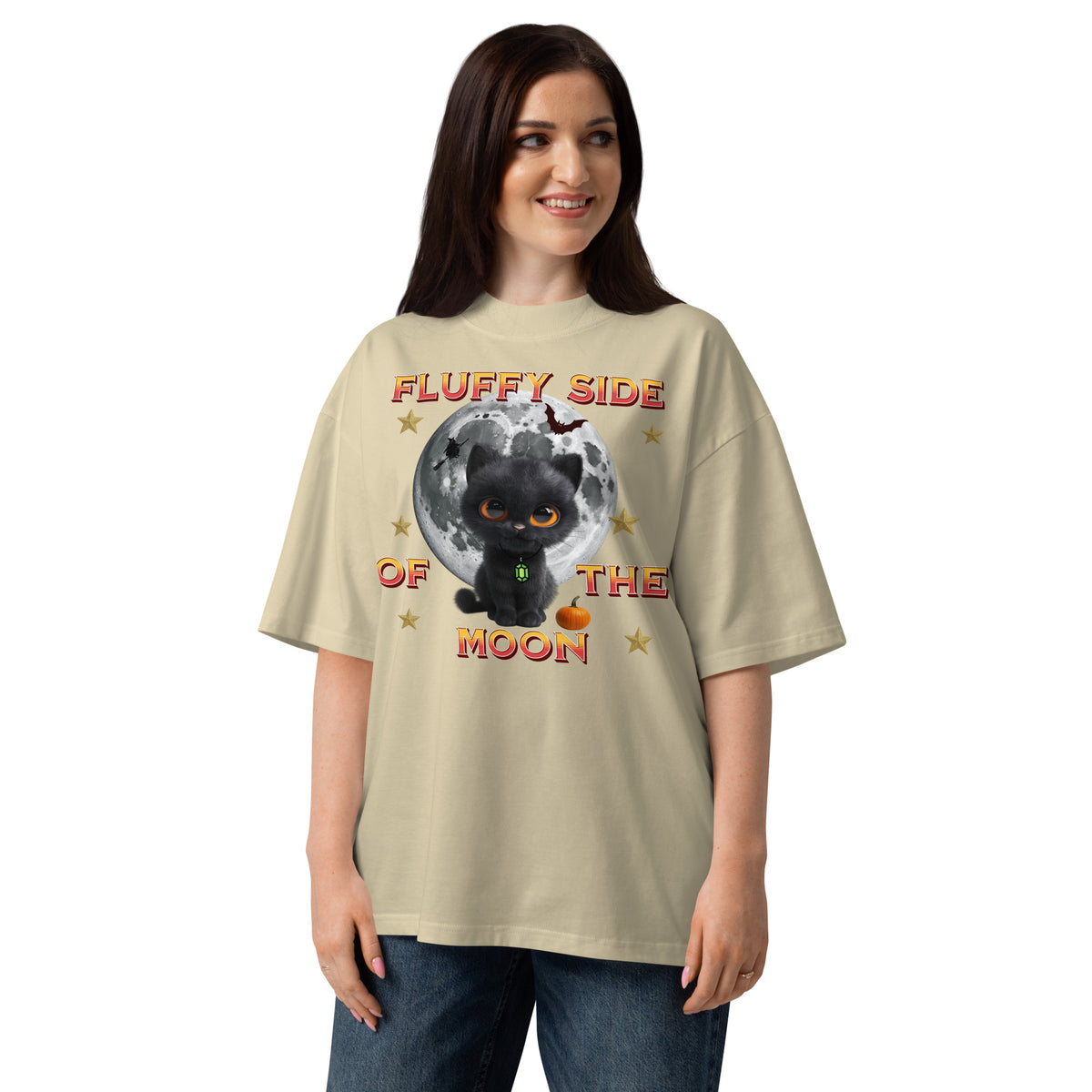 Fluffy Halloween Kitty Unisex organic oversized high neck t-shirt — Stone — front