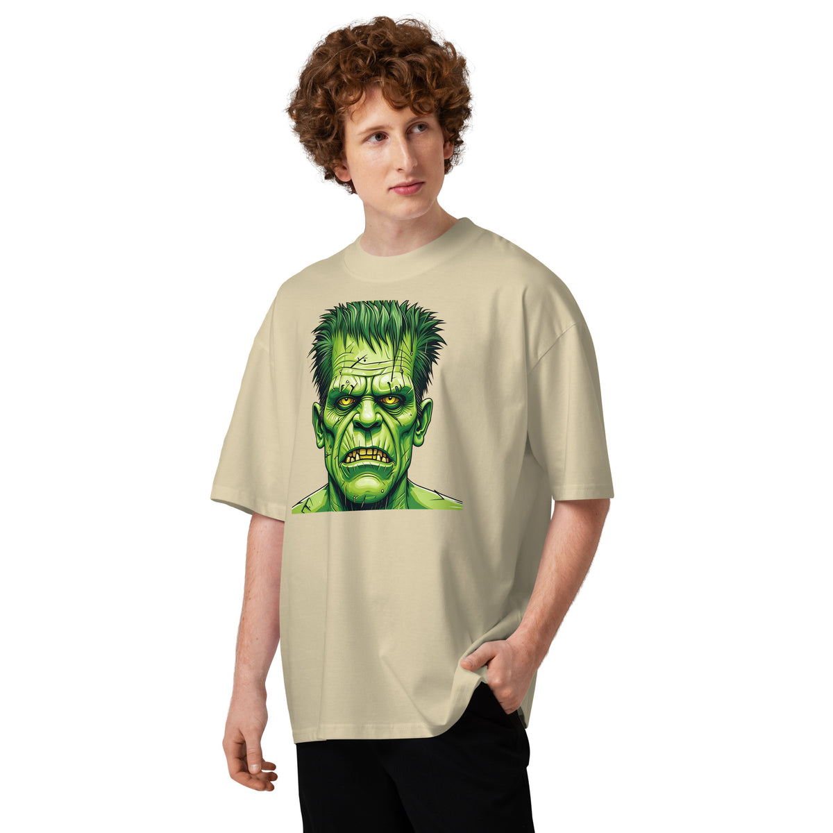 Franken Stan Unisex organic oversized high neck t-shirt — Stone — front