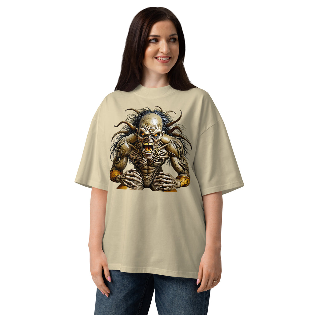 Frenzy Unisex organic oversized high neck t-shirt — Stone — front